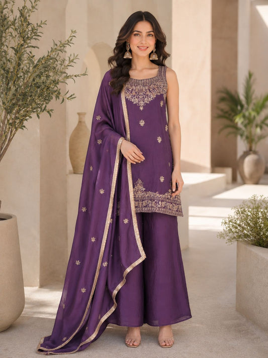 Front view of full three piece purple designer fusion style rangoli set featuring rich embroidery sequence work - WishTown Fashion Club