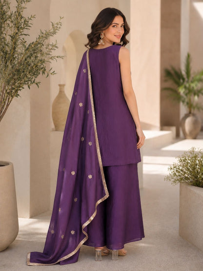 Detailed view of heavy embroidery sequence work and elegant lace border on two point two meter purple dupatta - WishTown Fashion Club