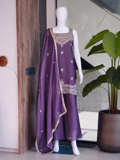 Side profile presentation of thirty-six inch purple Rangoli crush top showing comfortable soft crepe inner lining - WishTown Fashion Club