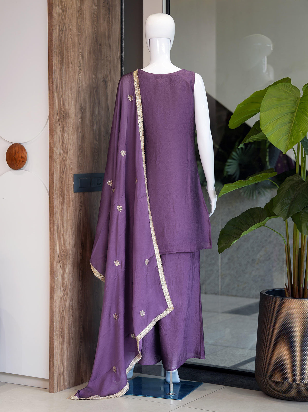 Back angle presentation of purple designer fusion style rangoli set displaying clean stitching and tailored drape - WishTown Fashion Club