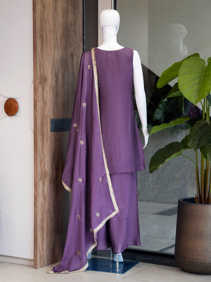 Back angle presentation of purple designer fusion style rangoli set displaying clean stitching and tailored drape - WishTown Fashion Club