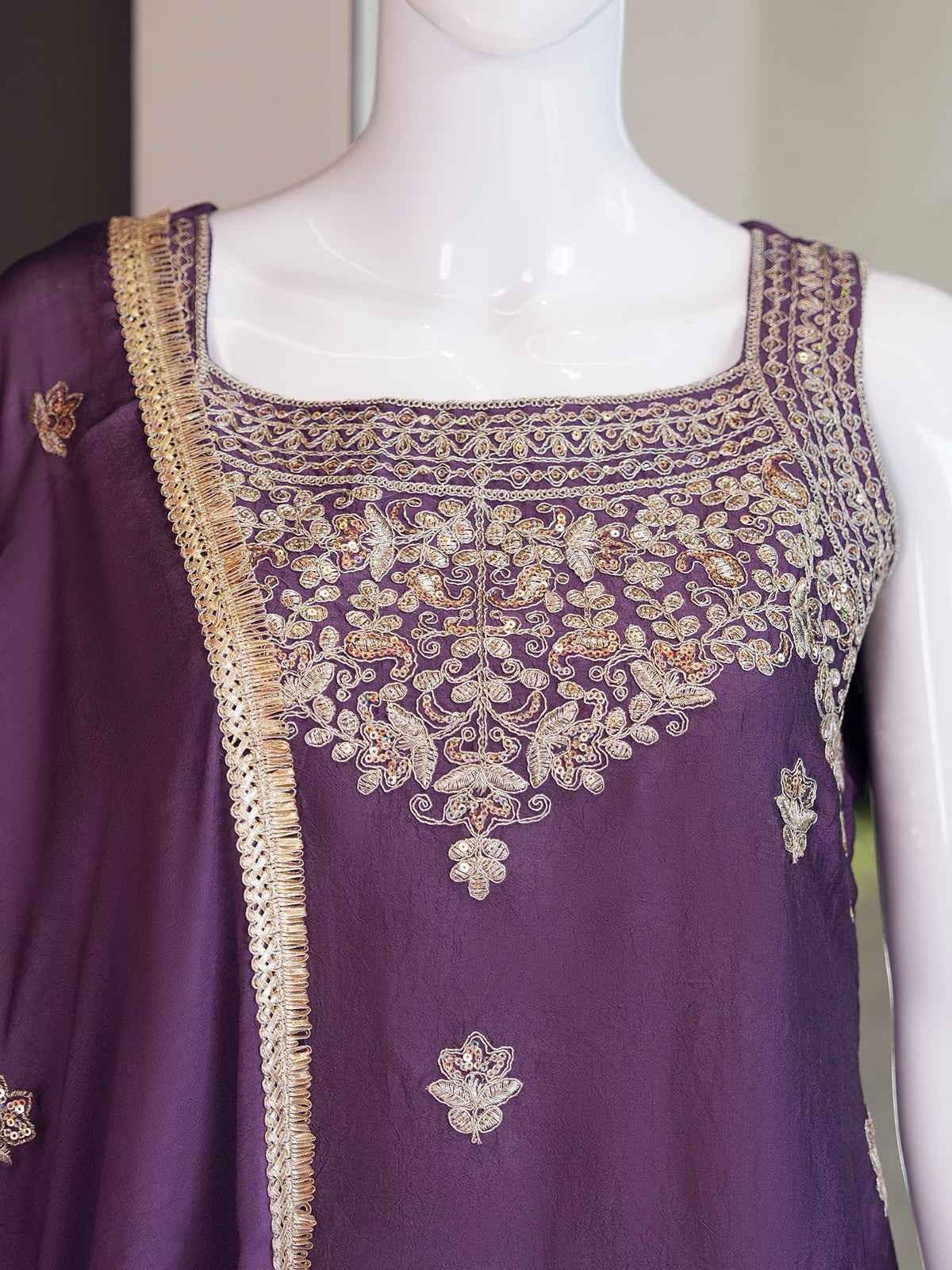 Full length shot of purple Rangoli crush free size palazzo pants measuring forty inches in length - WishTown Fashion Club