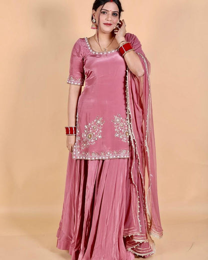 Front view of full three piece pink fancy top sharara dupatta set featuring embroidered sequence work - WishTown Fashion Club
