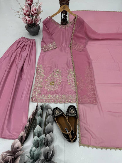 Full length shot of pink plain heavy natural creap free size sharara bottom measuring thirty-nine inches - WishTown Fashion Club