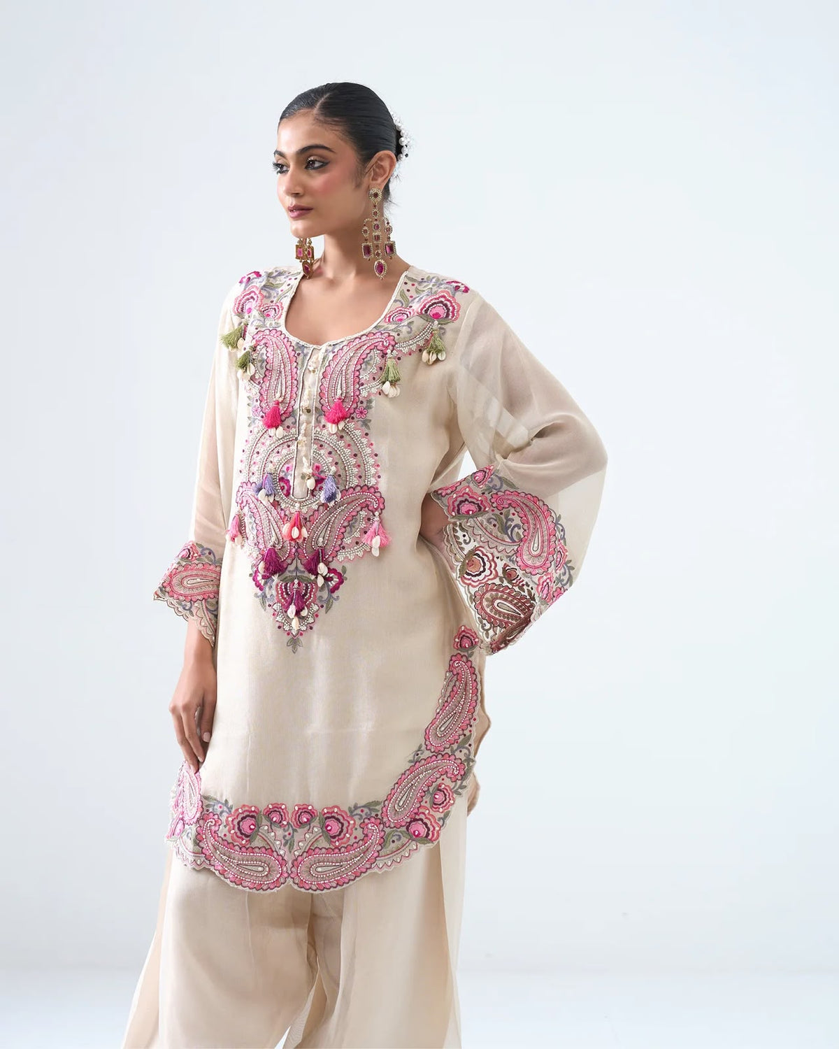 Front view of full three piece white heavy georgette top farshi set with embroidery thread work and matching dupatta - WishTown Fashion Club