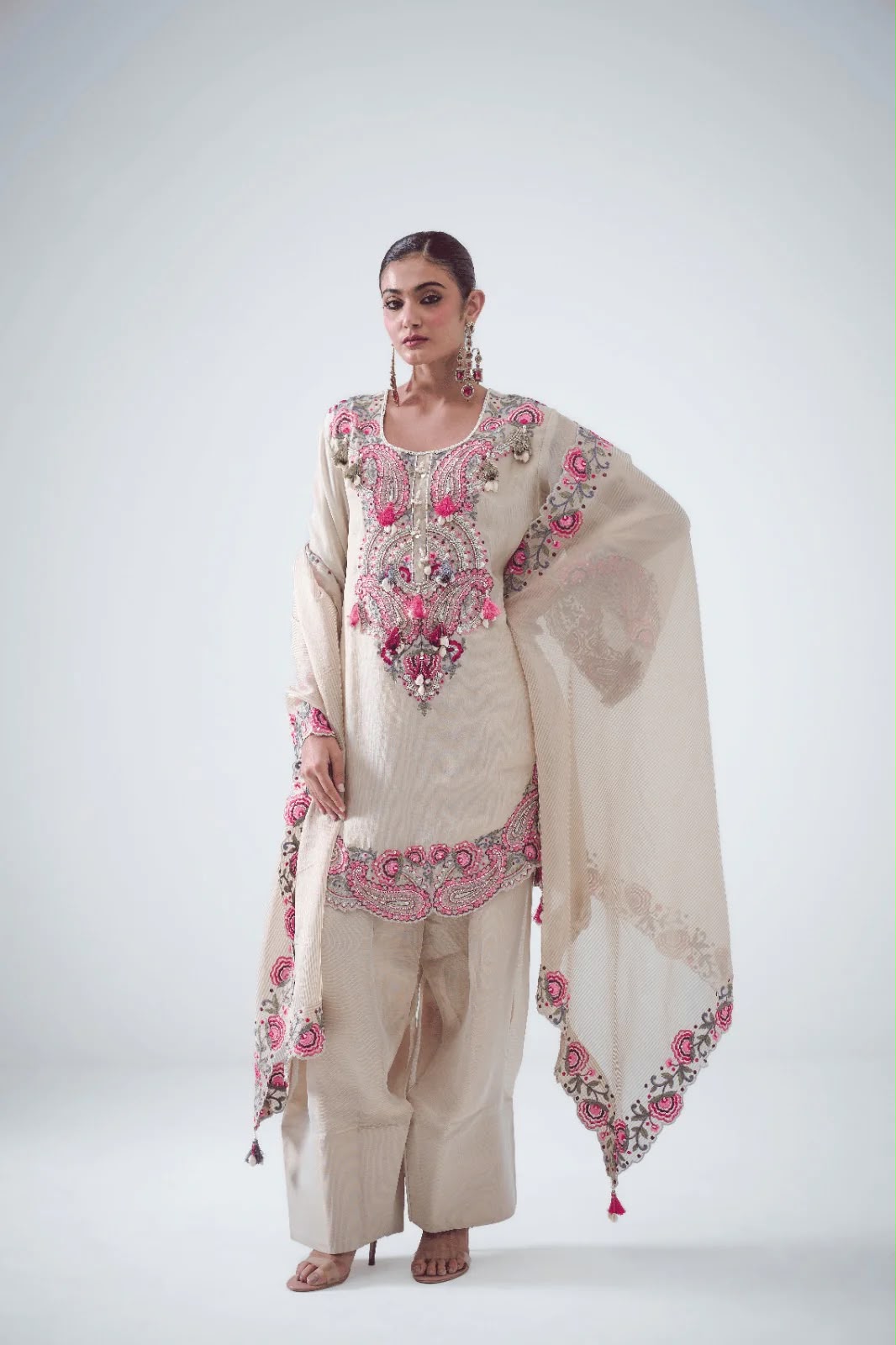 Front view of full three piece white heavy georgette top farshi set with embroidery thread work and matching dupatta - WishTown Fashion Club