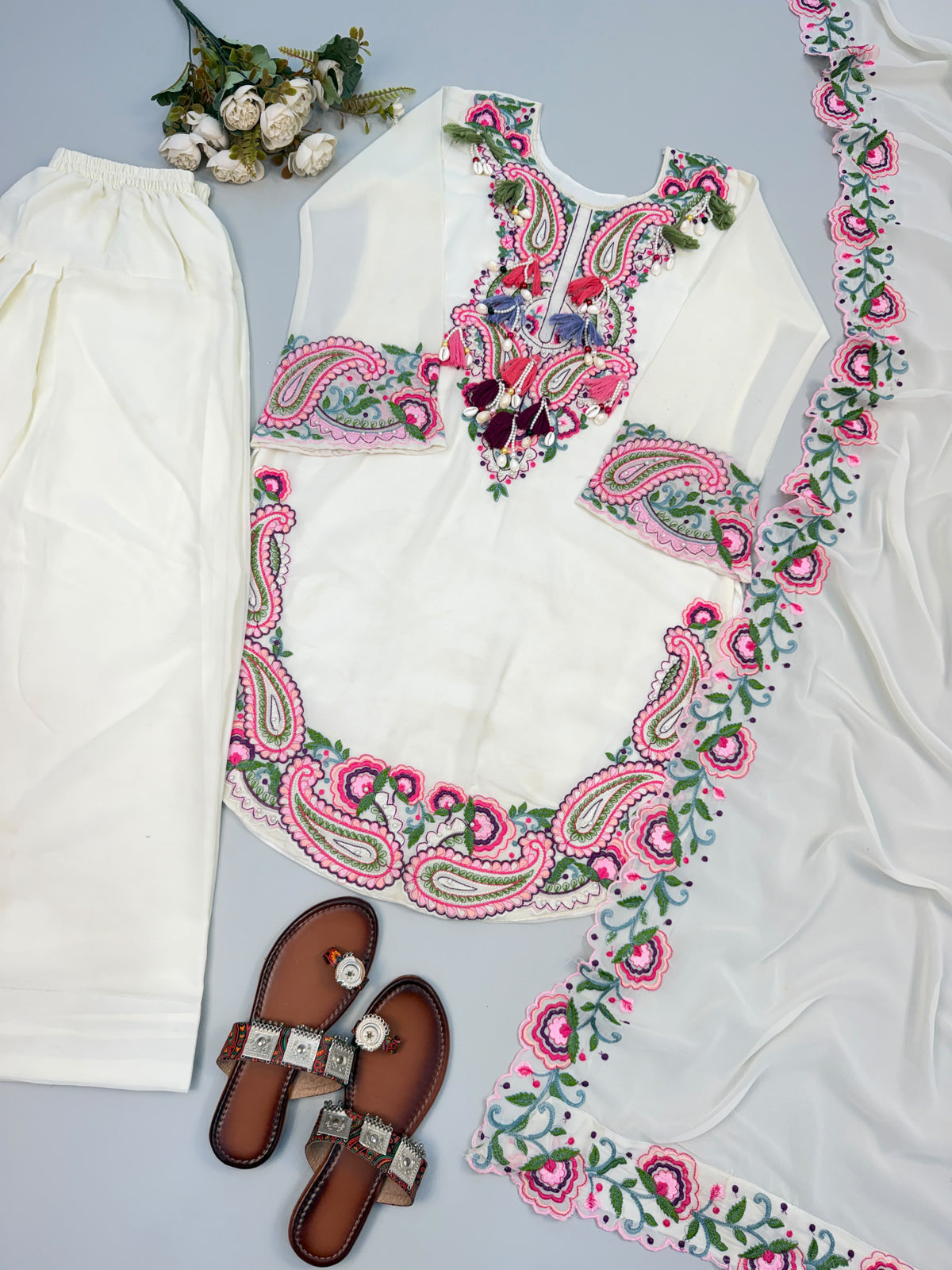 Back angle presentation of white georgette top farshi set showing clean tailoring and graceful fall - WishTown Fashion Club