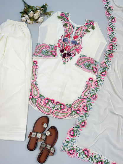 Back angle presentation of white georgette top farshi set showing clean tailoring and graceful fall - WishTown Fashion Club