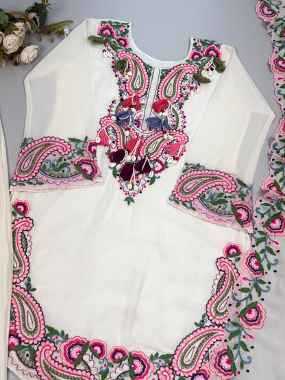 Side profile presentation of full sleeve white georgette top showing thirty-nine to forty inch length and soft inner lining - WishTown Fashion Club
