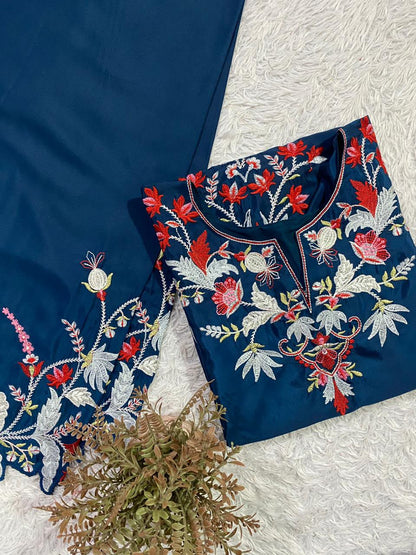 Side profile presentation of thirty-six inch blue French crape top showing comfortable micro inner lining - WishTown Fashion Club