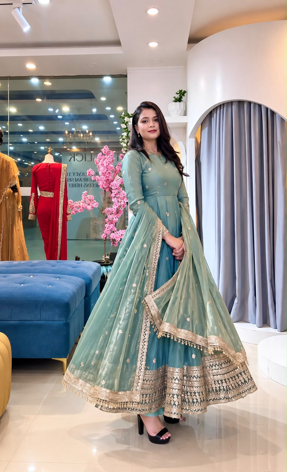 Full length shot of sea green fendy silk bottom pant featuring thirty-nine to forty inch length and clean hemline - WishTown Fashion Club
