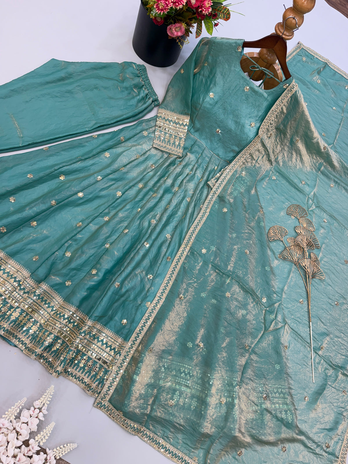 Detailed view of sea green heavy fendy silk dupatta adorned with rich embroidery sequence work - WishTown Fashion Club