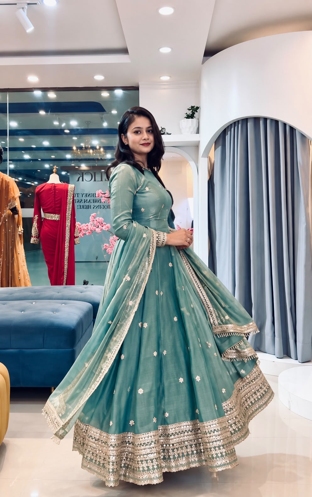 Front view of full three piece sea green heavy fendy silk gown set featuring sequence embroidery work and matching dupatta - WishTown Fashion Club