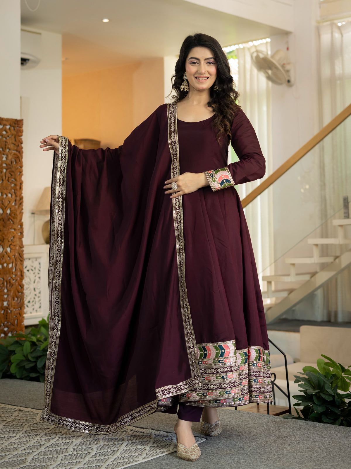 Front view of full three piece wine designer anarkali suit in fancy style with sequence work and roman silk dupatta - WishTown Fashion Club
