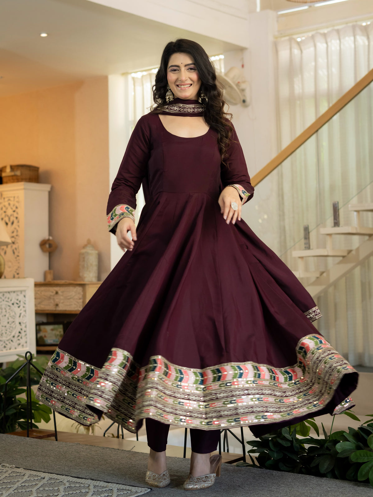 Detailed view of two point thirty meter wine roman silk dupatta embellished with matching 5mm sequence border - WishTown Fashion Club