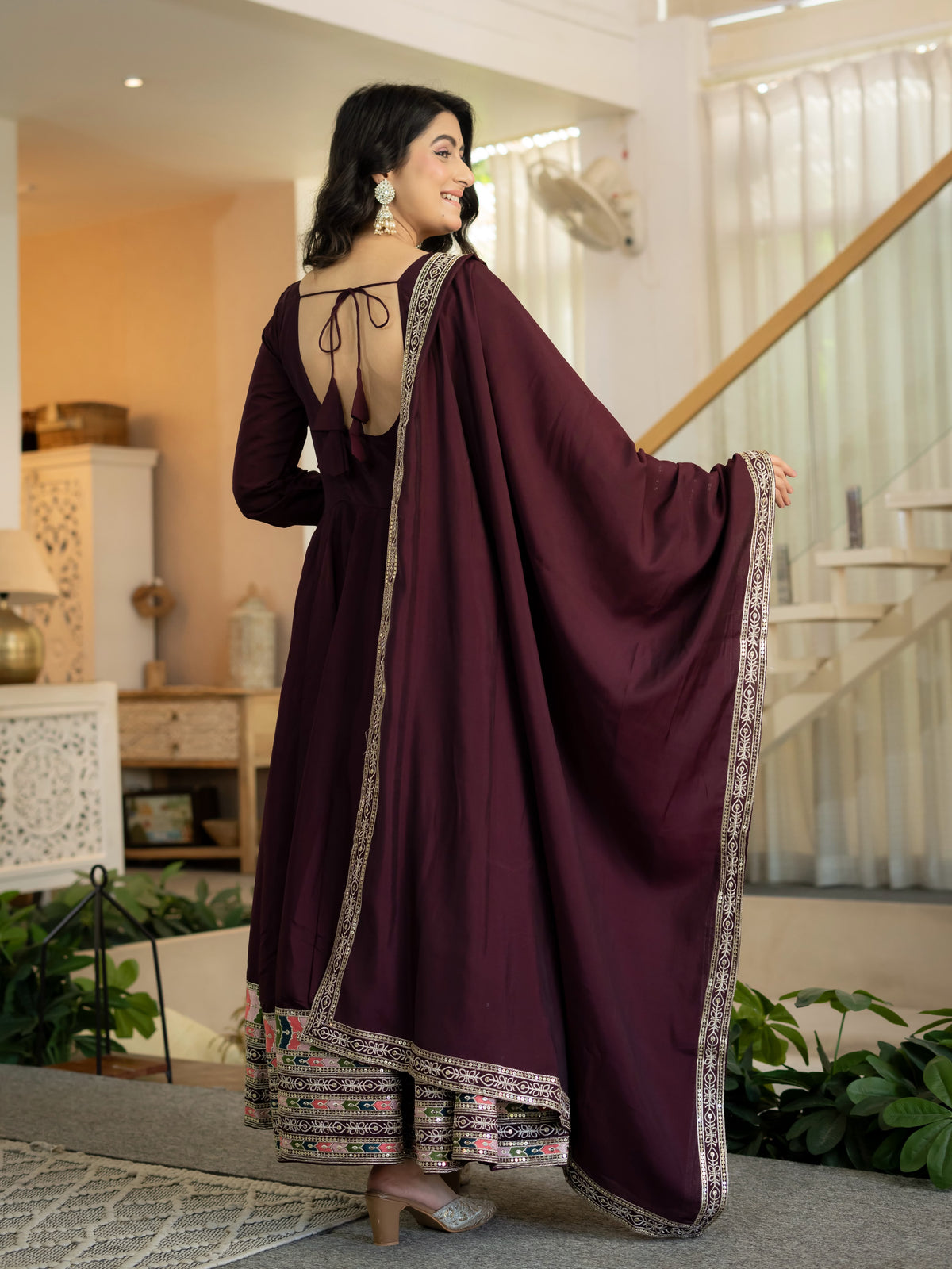 Side profile presentation of wine anarkali tunic showing forty-seven to forty-eight inch length and soft micro cotton lining - WishTown Fashion Club