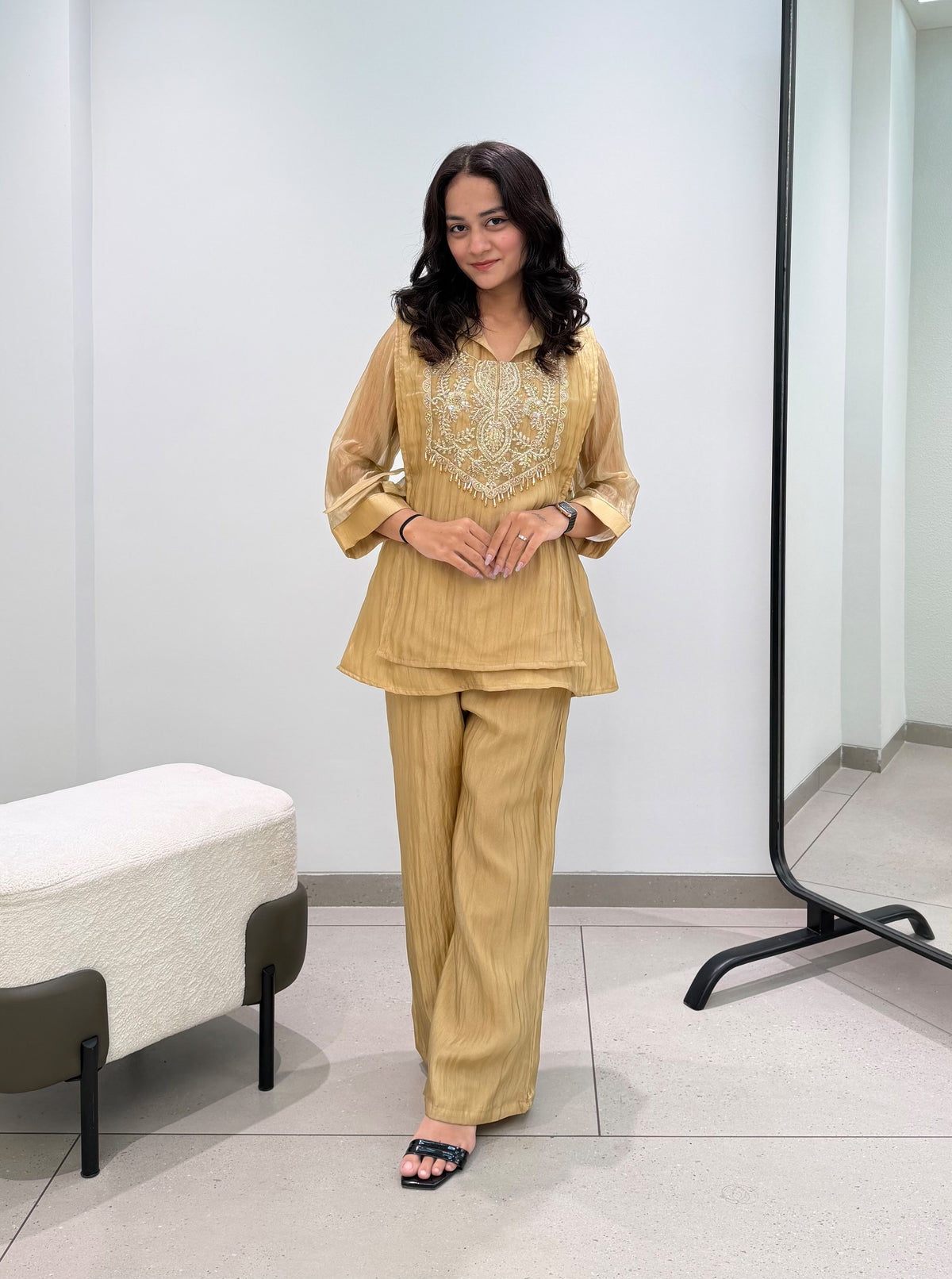 Front view of complete three piece golden olive beads embroidered co ord set displaying top pant and shrug - WishTown Fashion Club