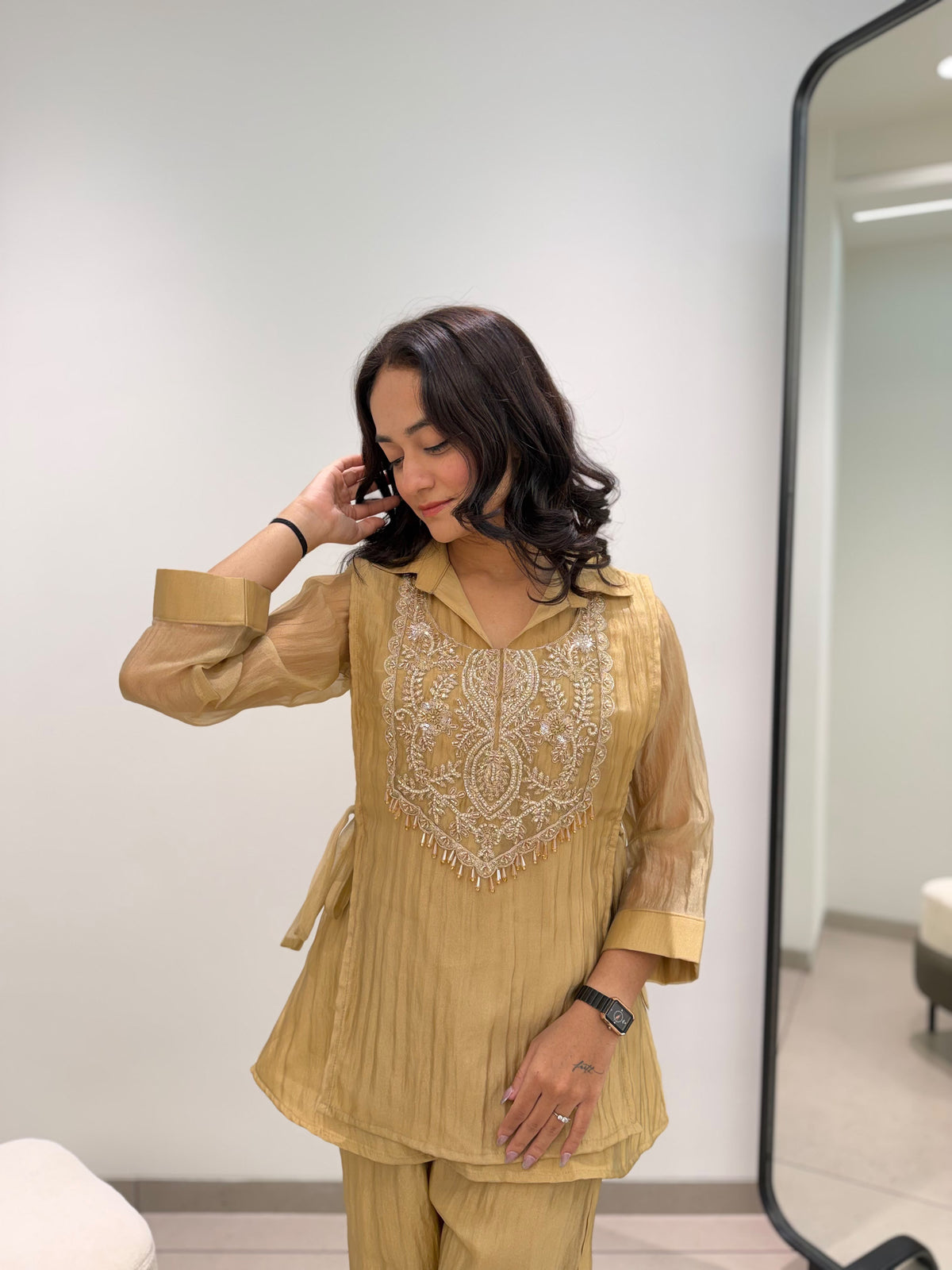 Side profile view of twenty-six inch golden olive mosko inner top showing comfortable micro lining - WishTown Fashion Club