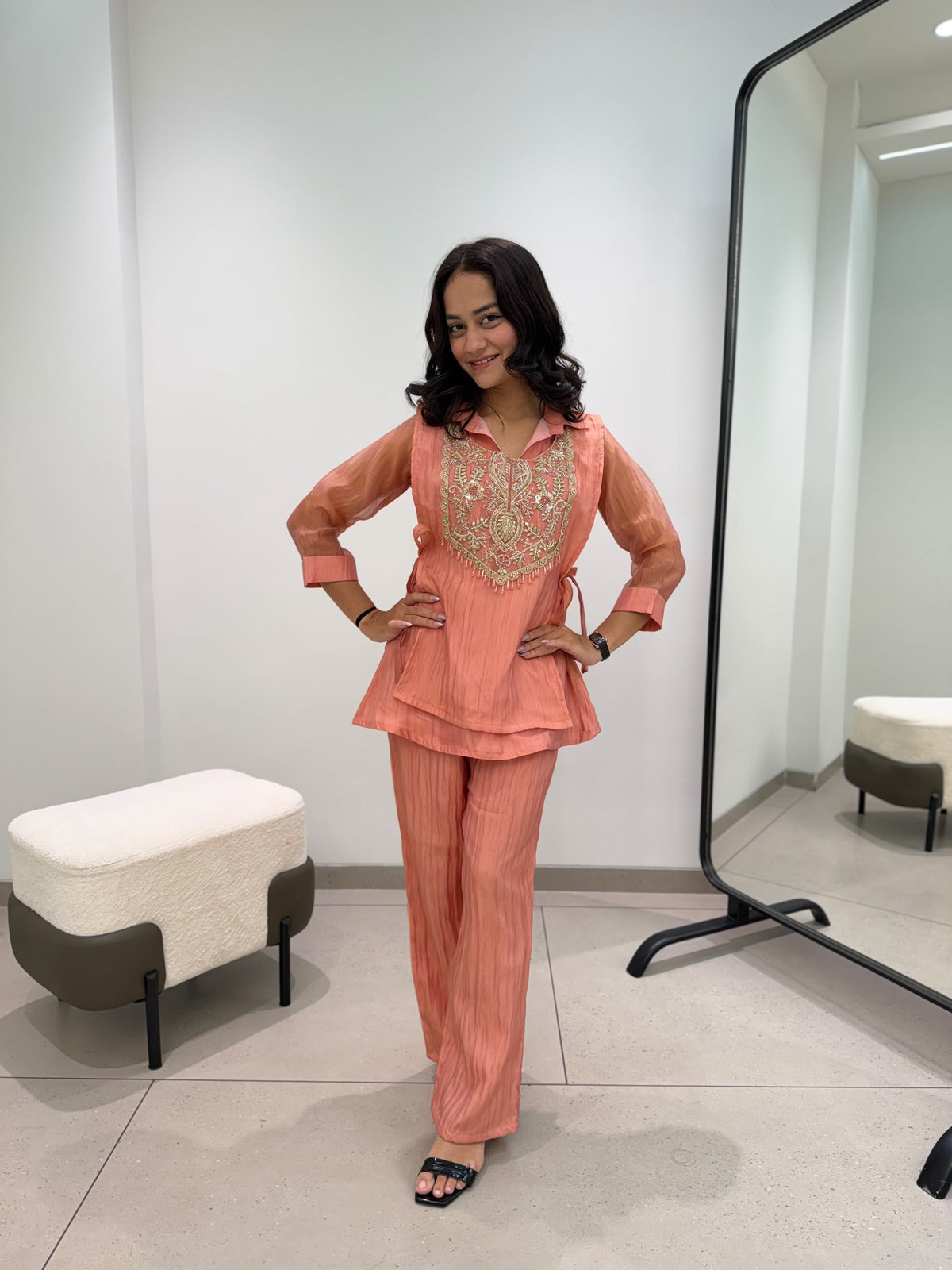 Close up view of detailed beads embroidered work on peach mosko fabric shrug - WishTown Fashion Club