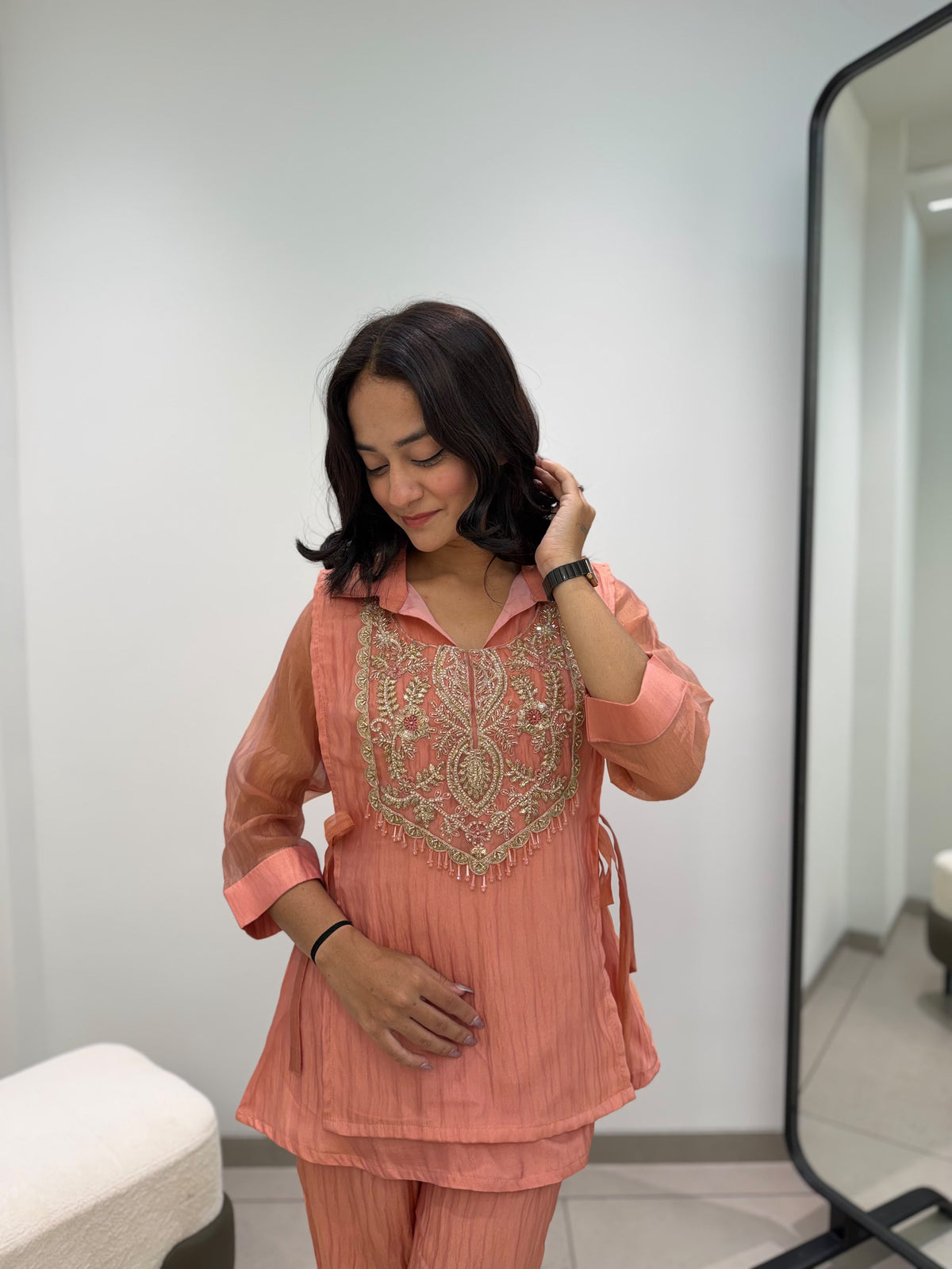 Side profile view of twenty-six inch peach mosko inner top showing comfortable micro lining - WishTown Fashion Club