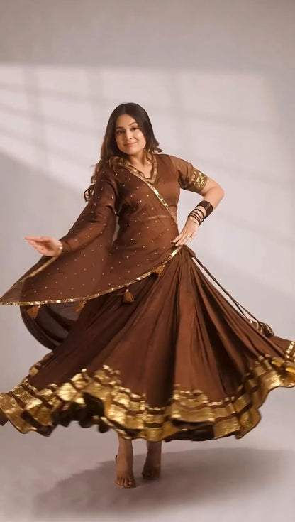 Front view of full chocolate brown designer lehenga choli with gotta patti work and sequence embroidery dupatta - WishTown Fashion Club