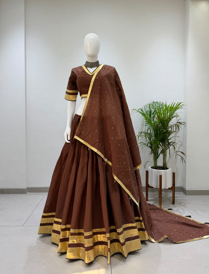 Wide angle presentation highlighting six meter flair and twirl movement of chocolate brown mul chanderi lehenga - WishTown Fashion Club