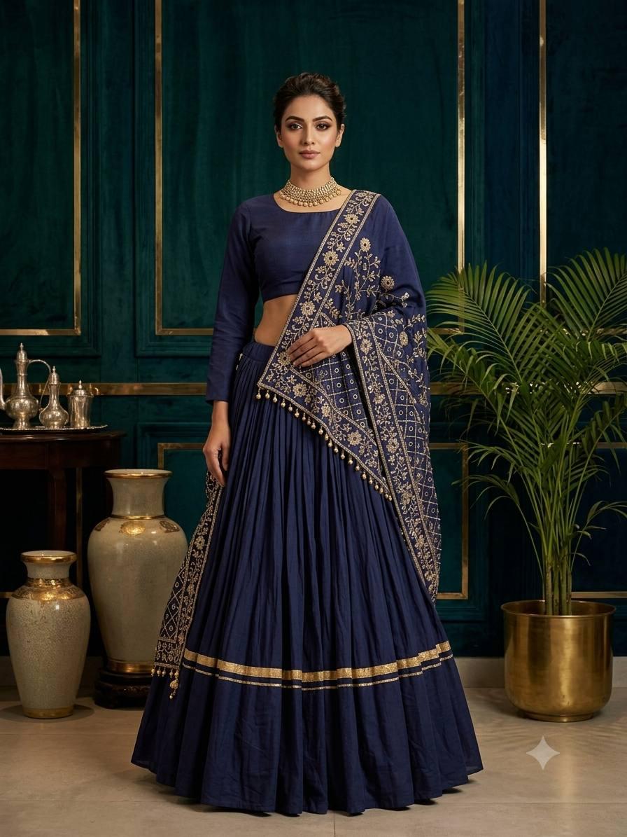 Front view of navy designer rayon mirror lehenga choli with embroidered dupatta - WishTown Fashion Club