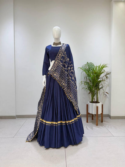 Side profile presentation of navy rayon lehenga showing impressive seven meter flare circumference - WishTown Fashion Club