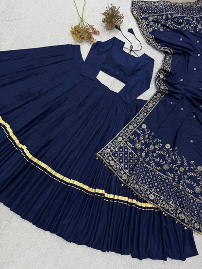 Full length shot of navy rayon mirror lehenga displaying forty-two inch height and royal drape - WishTown Fashion Club