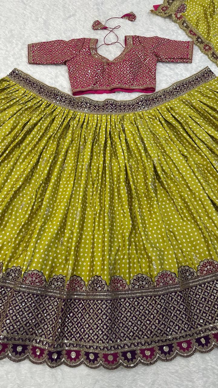 Detailed view of unstitched thai silk blouse piece in olive green set with full front and back sequins dori work - WishTown Fashion Club