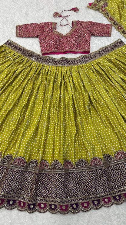 Detailed view of unstitched thai silk blouse piece in olive green set with full front and back sequins dori work - WishTown Fashion Club