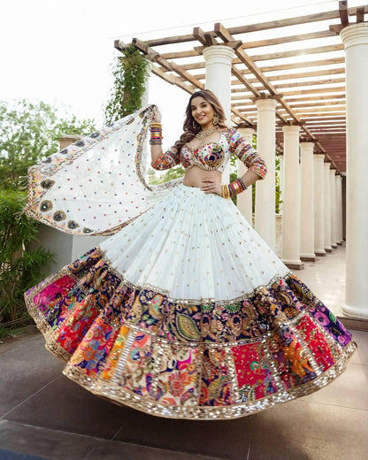 Front view of white premium muslin silk digital print lehenga with matching blouse and dupatta - WishTown Fashion Club