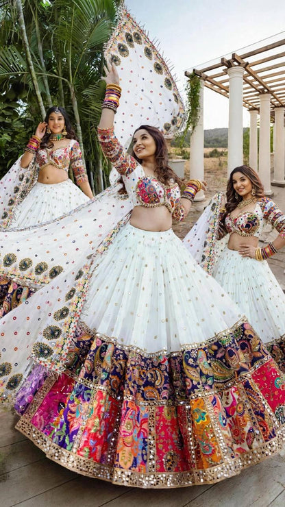 Side profile presentation of white muslin silk lehenga showing four meter flare and canvas patta structure - WishTown Fashion Club