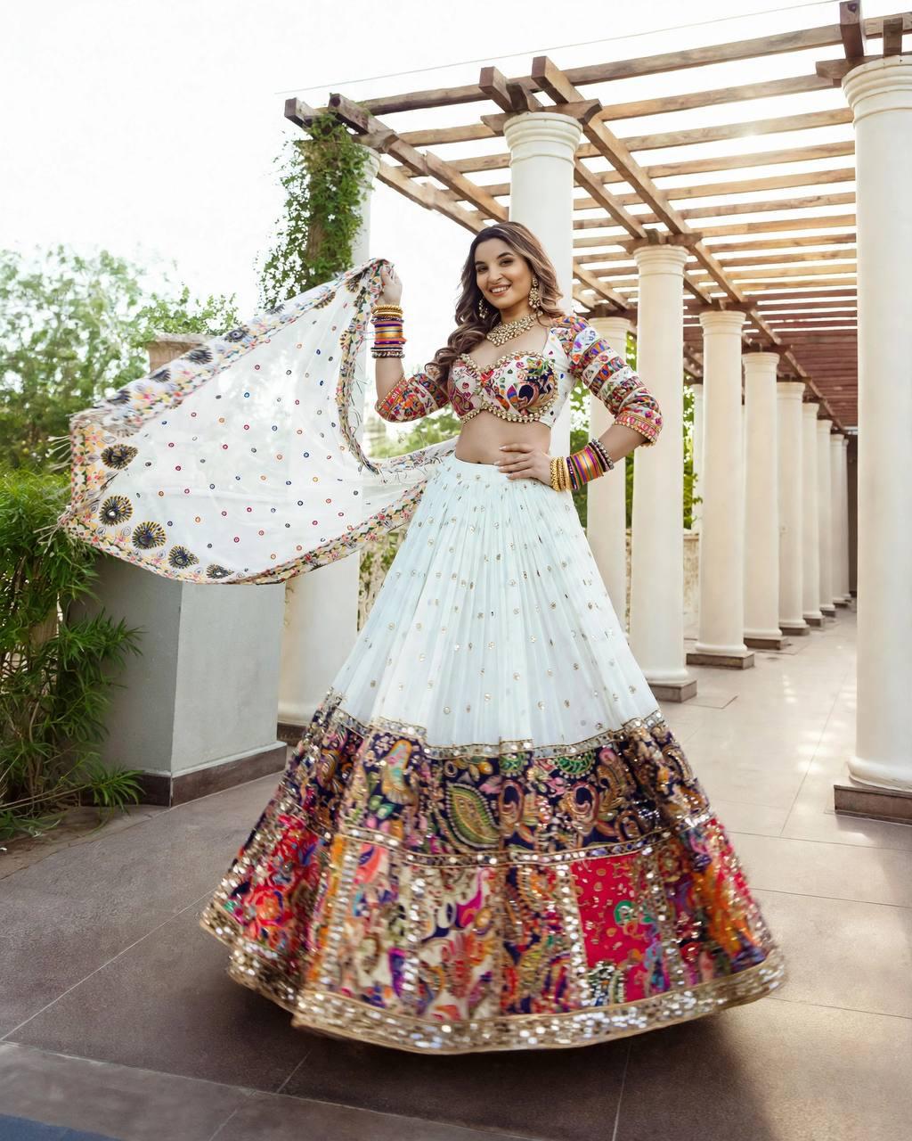 Full length shot of white digital print mirror lehenga displaying forty-two inch length and voluminous drape - WishTown Fashion Club