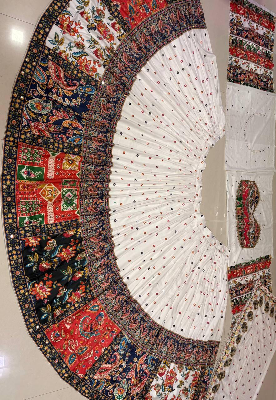 Flat lay display of complete white lehenga set showing skirt unstitched blouse piece and two point three meter dupatta - WishTown Fashion Club