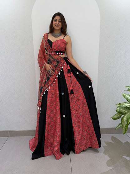 Side profile presentation of multi-colour 2 printed rayon lehenga showing four meter full flared circumference - WishTown Fashion Club