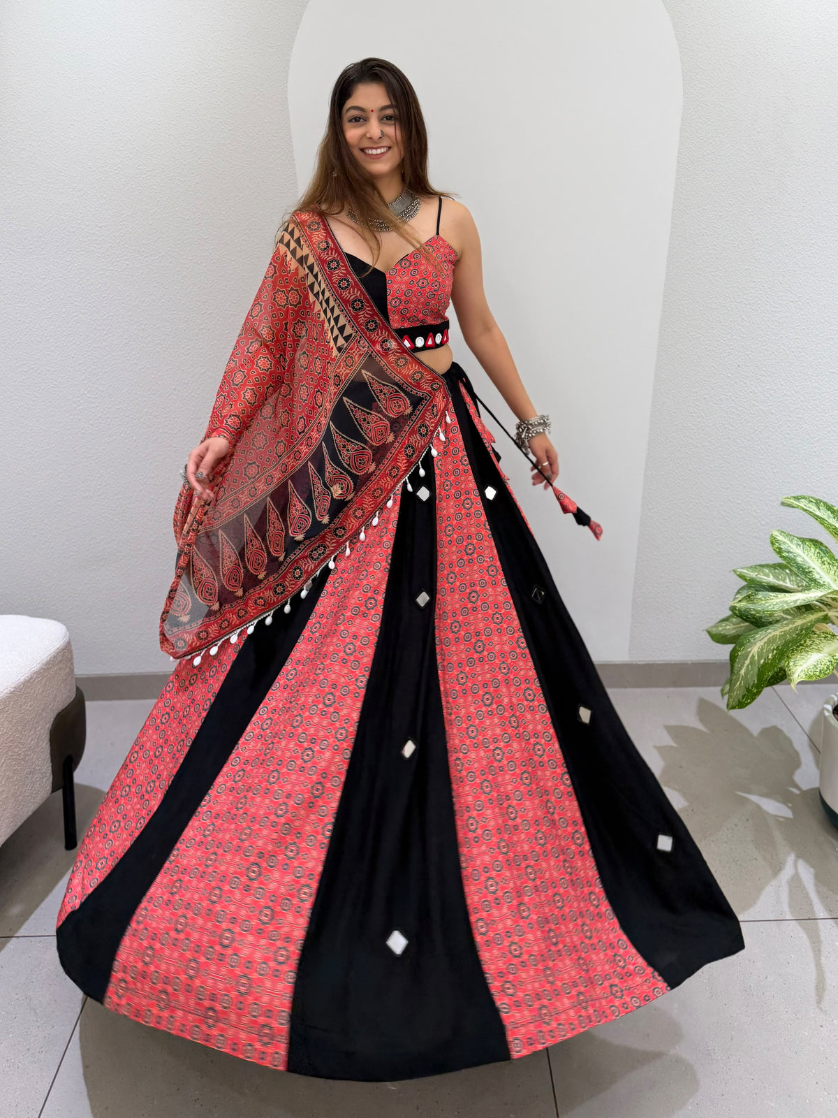 Front view of multi-colour 2 loomeera printed rayon mirror lehenga choli with printed mul dupatta - WishTown Fashion Club