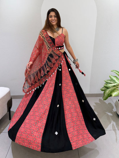 Front view of multi-colour 2 loomeera printed rayon mirror lehenga choli with printed mul dupatta - WishTown Fashion Club