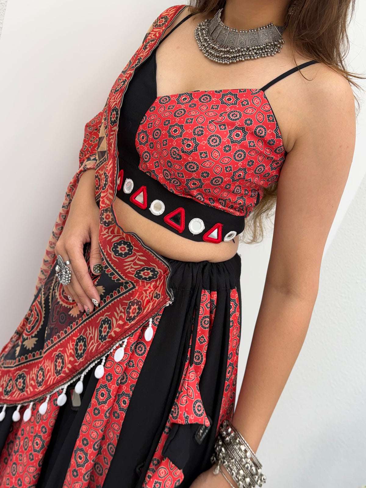 Full length shot of multi-colour 2 loomeera lehenga showing forty-two inch height and fluid volume - WishTown Fashion Club