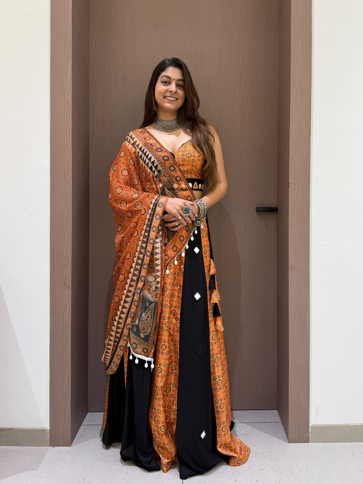 Front view of multi-colour 1 loomeera printed rayon mirror lehenga choli with printed mul dupatta - WishTown Fashion Club