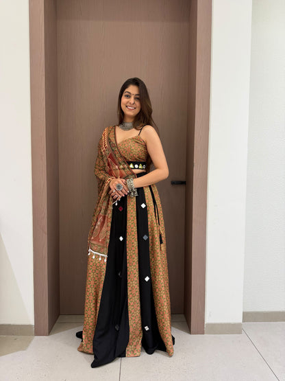 Front view of multi-colour 3 loomeera printed rayon mirror lehenga choli with printed mul dupatta - WishTown Fashion Club