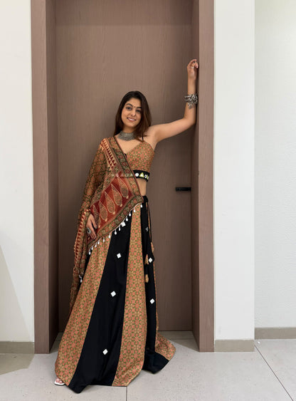 Side profile presentation of multi-colour 3 printed rayon lehenga displaying four meter full flair - WishTown Fashion Club