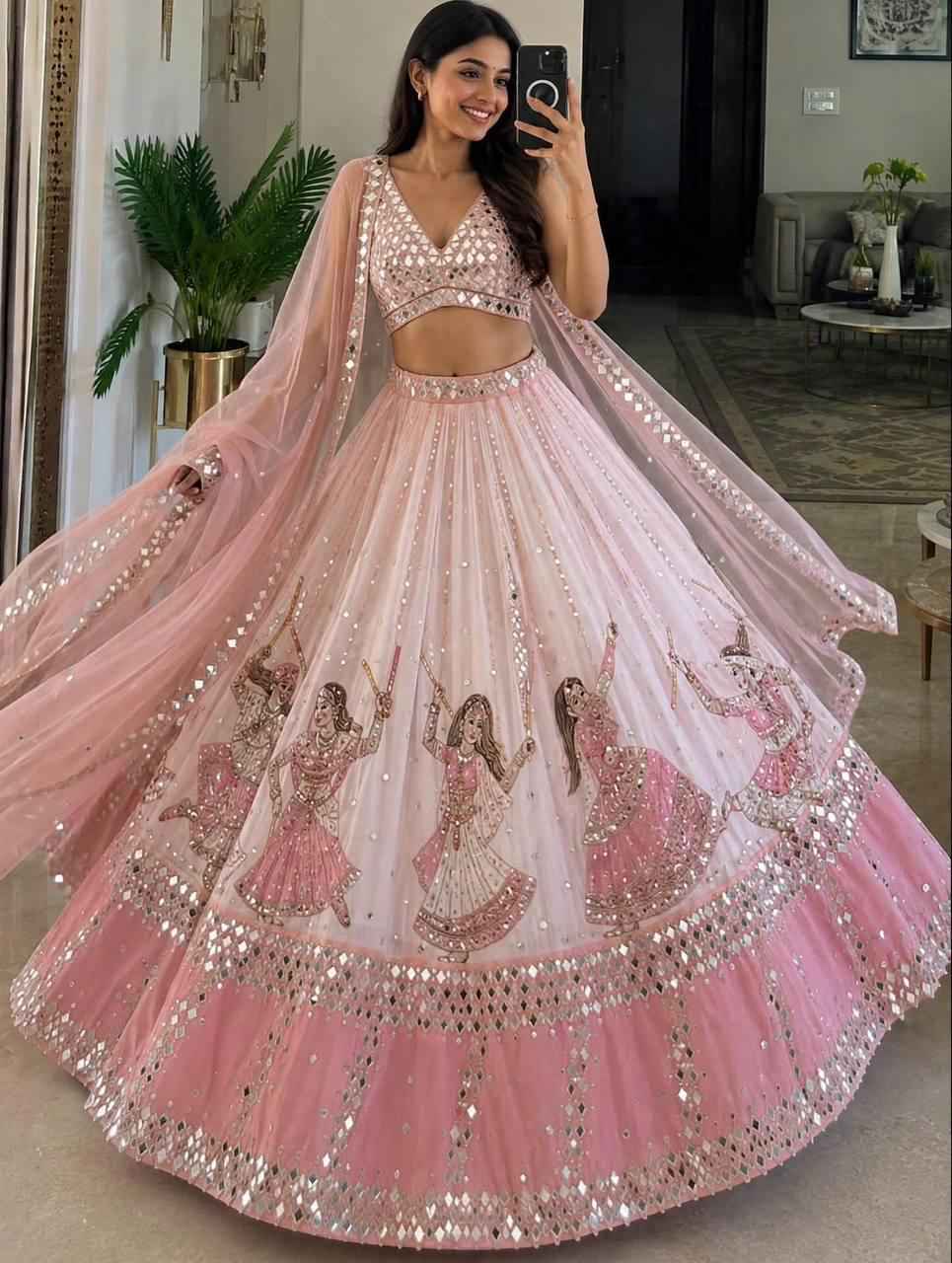 Star Georgette Digital Print Mirror Lehenga