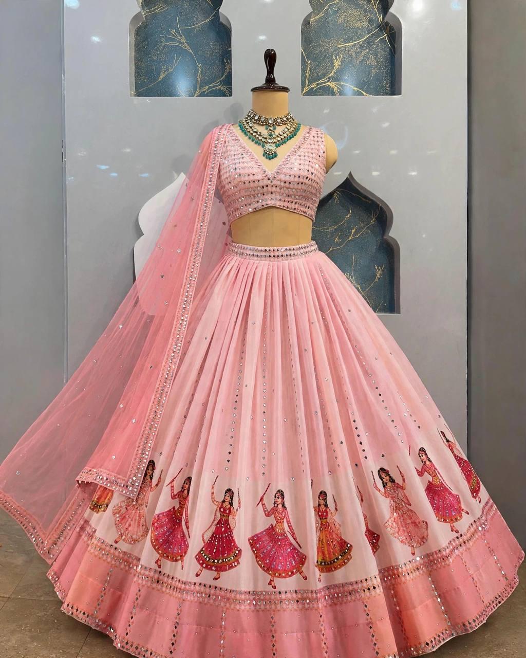 Full length shot showing peach pink star georgette lehenga with structured canvas patta volume - WishTown Fashion Club