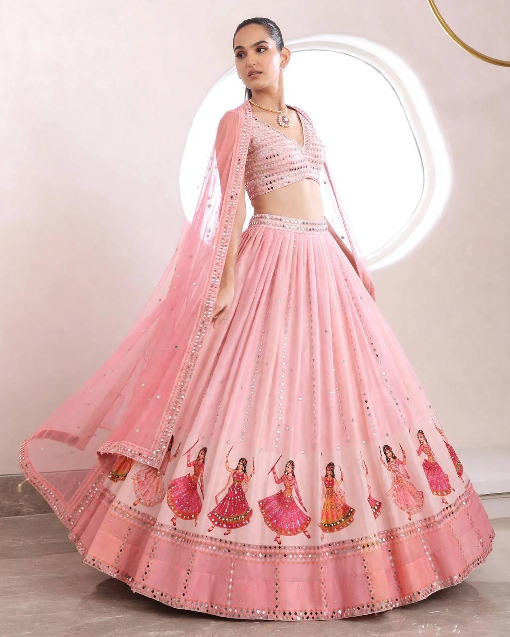 Front view of peach pink star georgette digital print mirror lehenga with matching unstitched blouse piece - WishTown Fashion Club