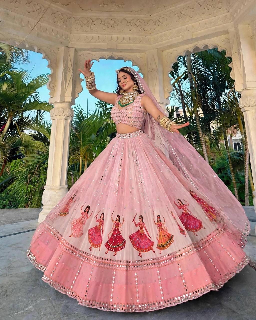 Side profile view of peach pink lehenga showing lightweight drape and four meter flare circumference - WishTown Fashion Club