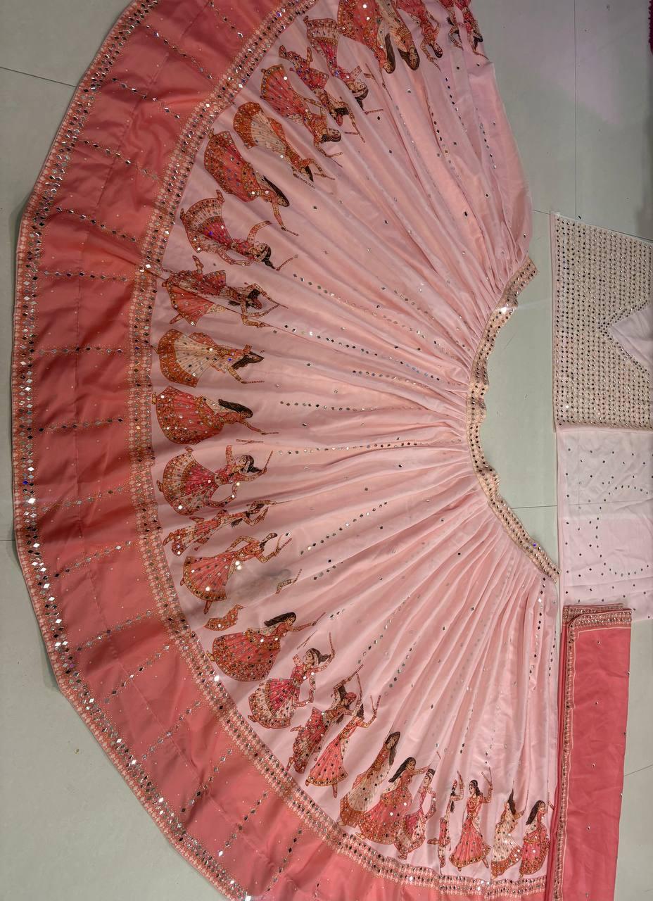 Detailed view of two point two meter peach pink star georgette dupatta with digital print border and mirror work - WishTown Fashion Club