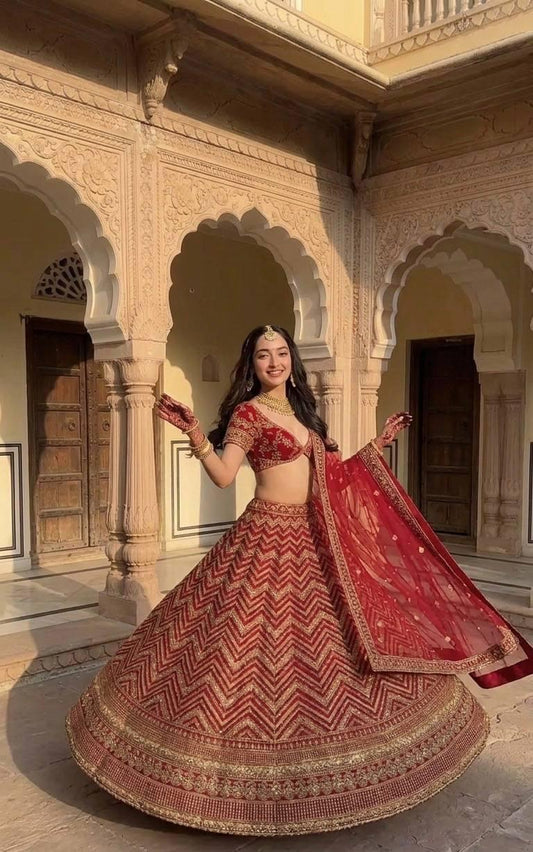 Front view of heavy red thai silk sequins bridal lehenga choli with dori zari embroidery and net dupatta - WishTown Fashion Club