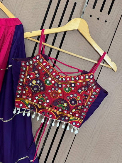 Full length shot of dark pink rayon bandhani lehenga displaying forty-two inch height and royal drape - WishTown Fashion Club