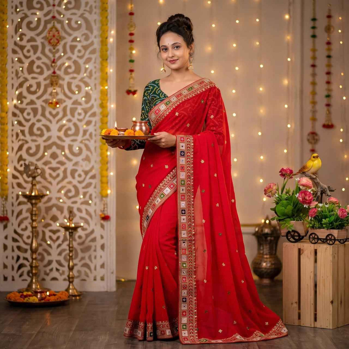 Faux Georgette Mirror Work Saree